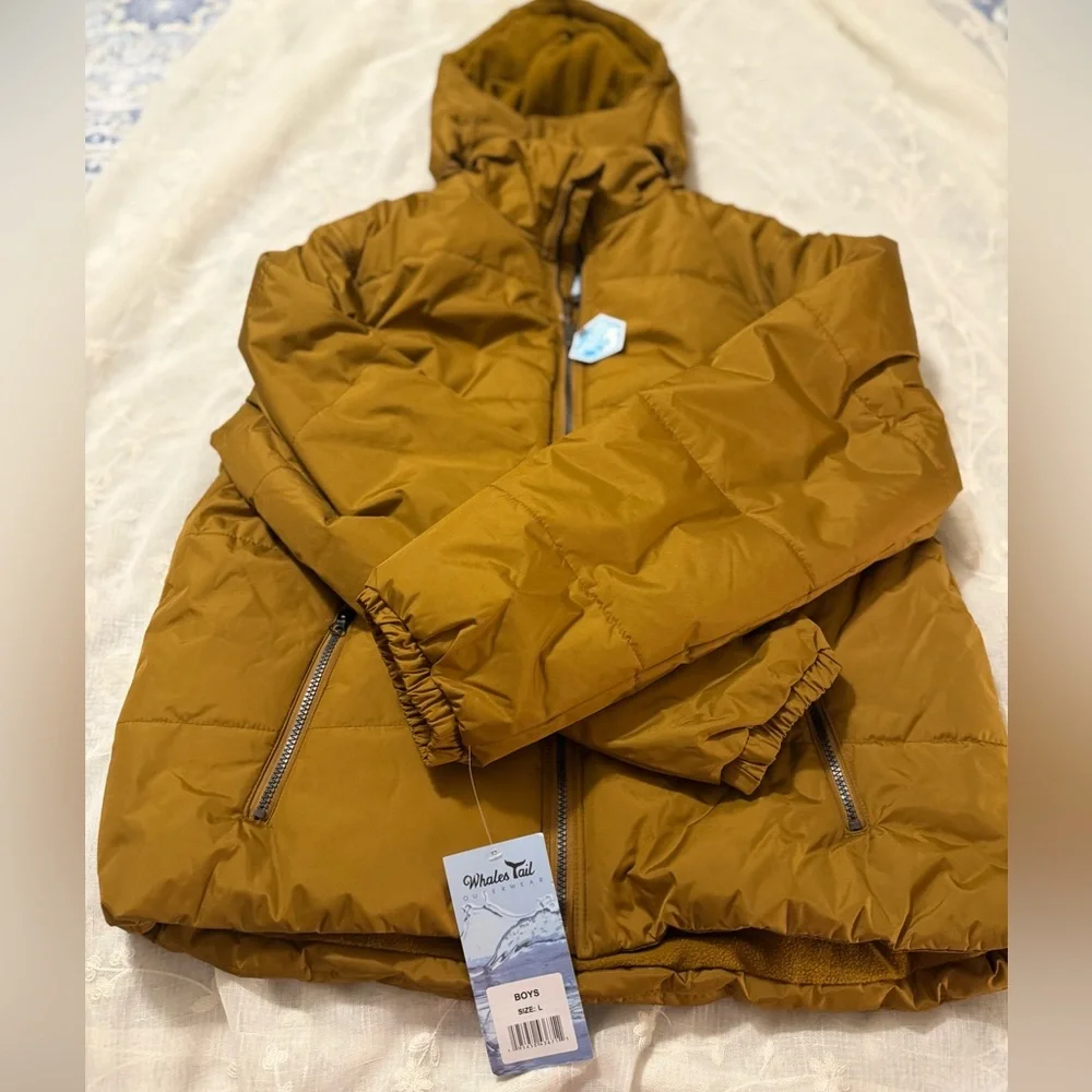 Whales Tail Youth Boy’s Hooded Puffer Jacket - Mustard Brown, sz large, NWT! - Picture 6 of 8